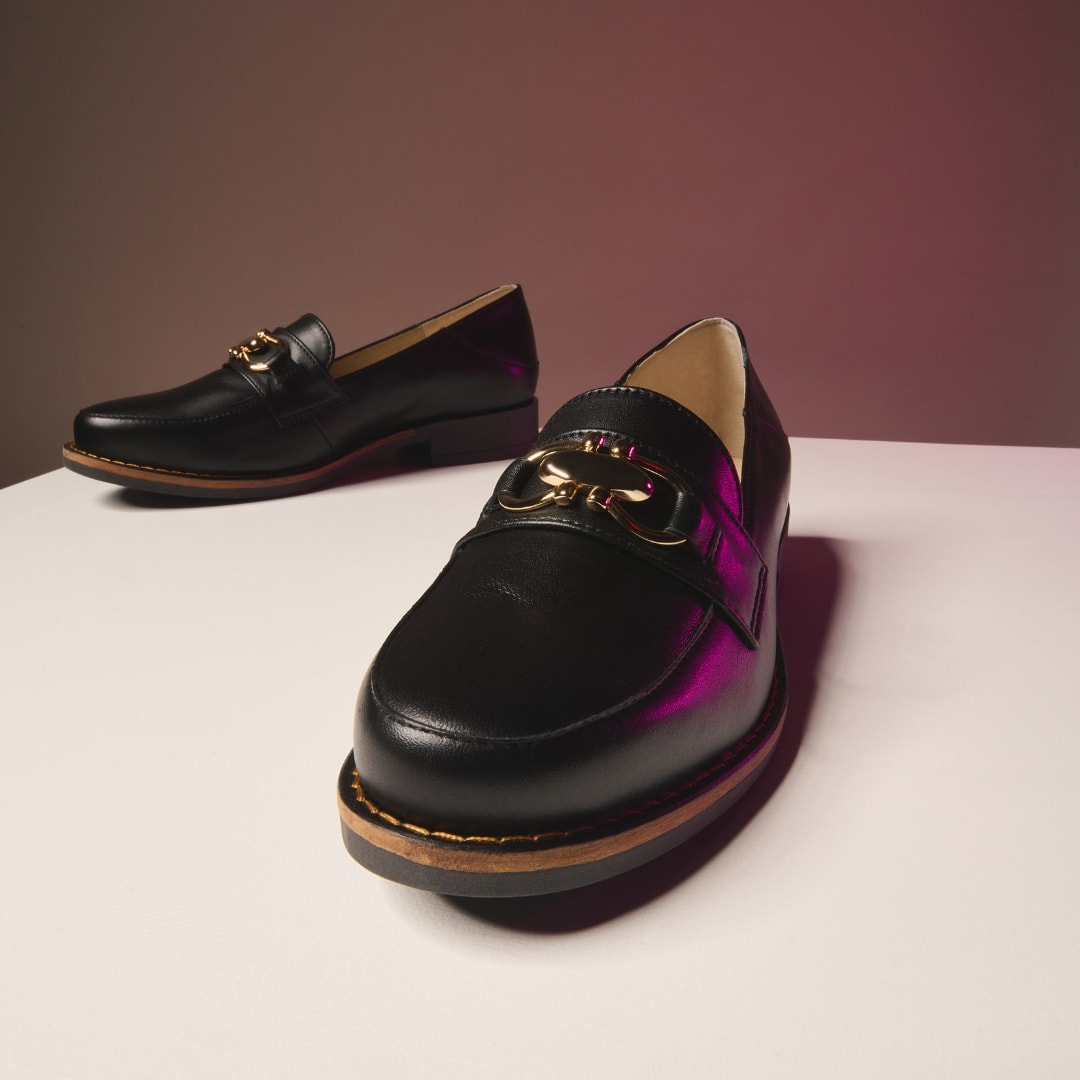 Meredith - Black Leather Loafers by Calla Shoes.