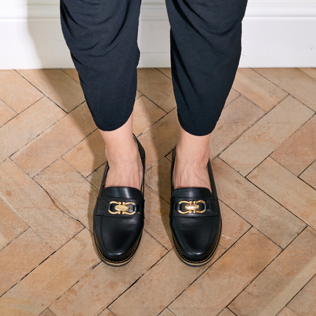 Meredith - Black Leather Loafers by Calla Shoes.
