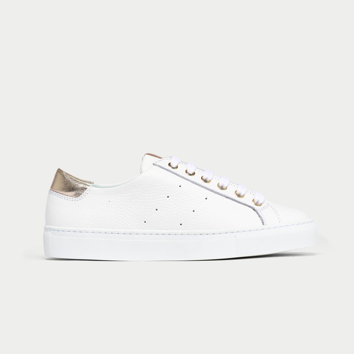Star - Grain White Leather & Champagne Wide Fit Trainers by Calla Shoes.