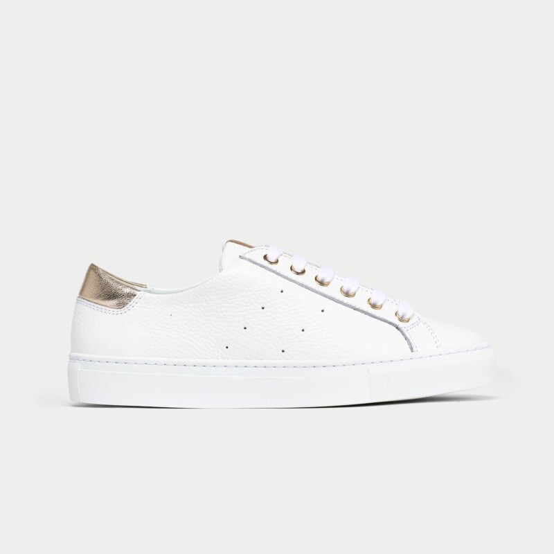 Star - Grain White Leather & Champagne Wide Fit Trainers by Calla Shoes.