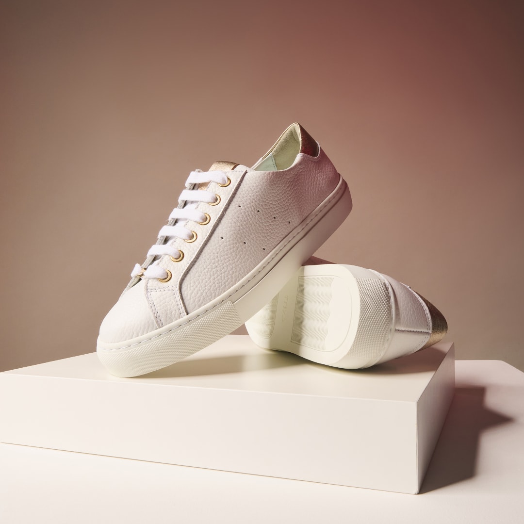 Star - Grain White Leather & Champagne Wide Fit Trainers by Calla Shoes.