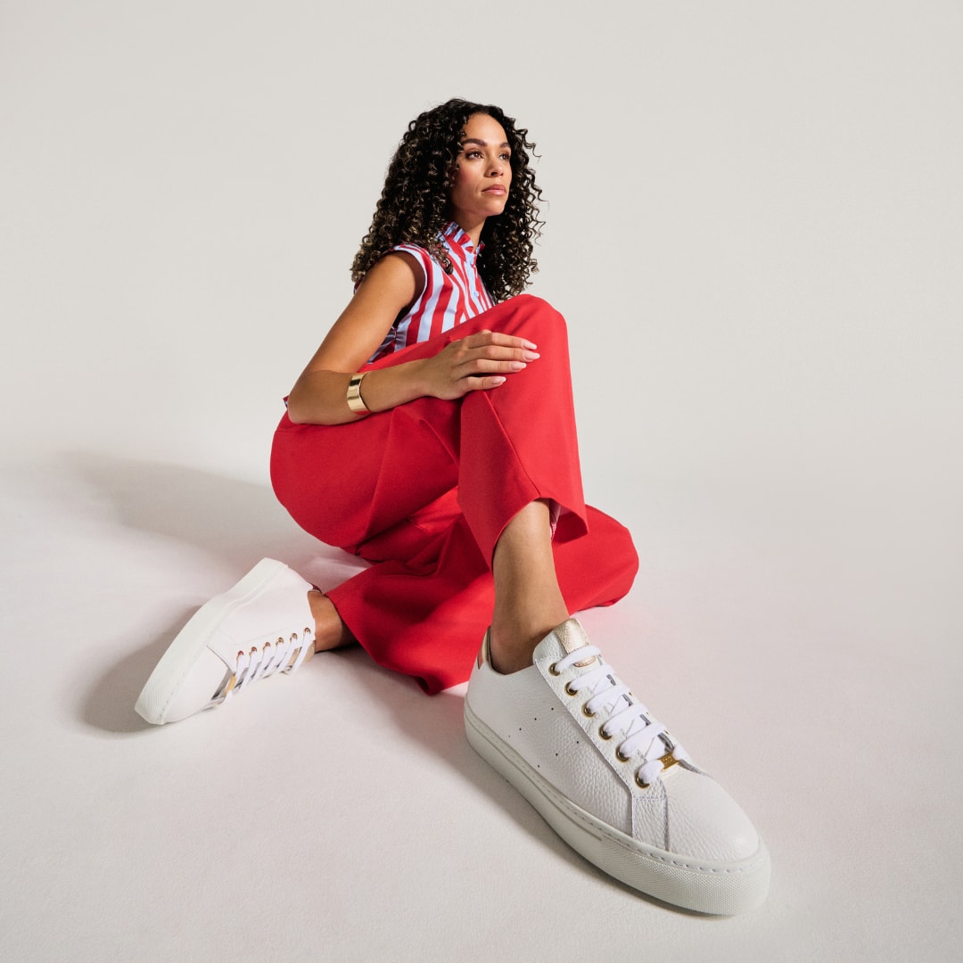 Star - Grain White Leather & Champagne Wide Fit Trainers by Calla Shoes.