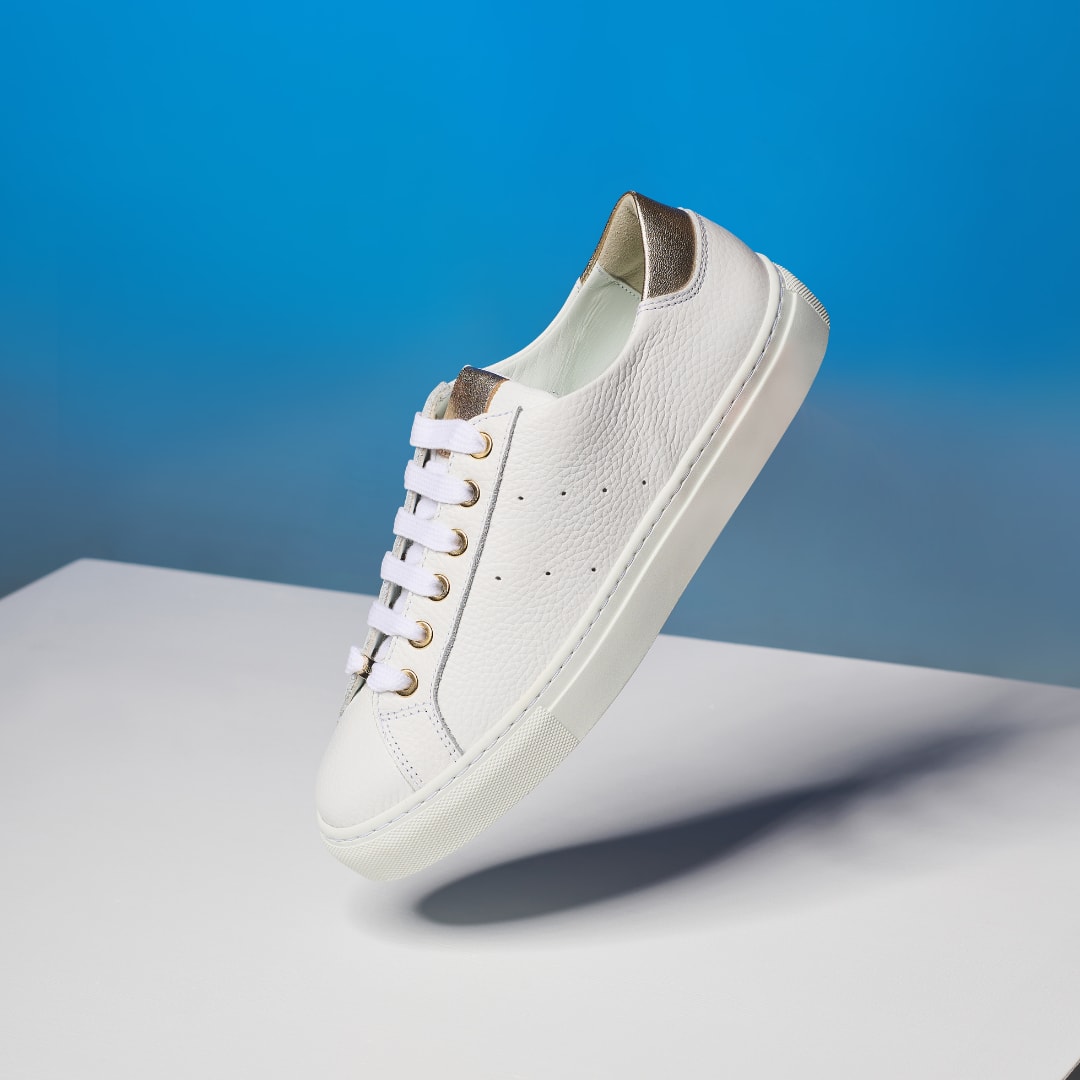 Star - Grain White Leather & Champagne Wide Fit Trainers by Calla Shoes.