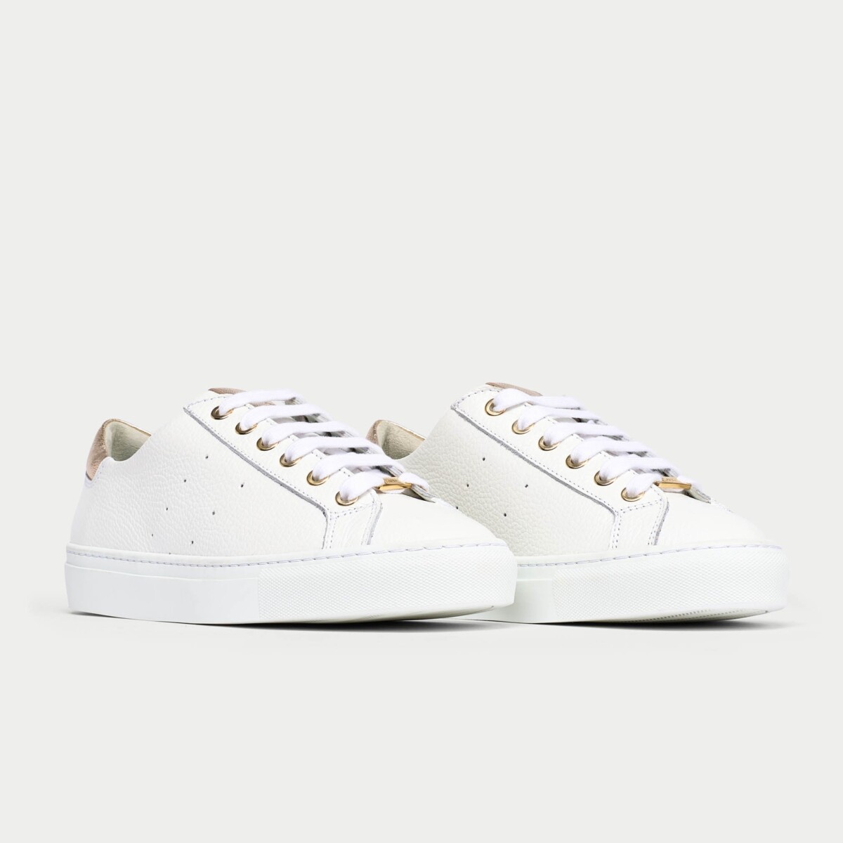 Star - Grain White Leather & Champagne Wide Fit Trainers by Calla Shoes.